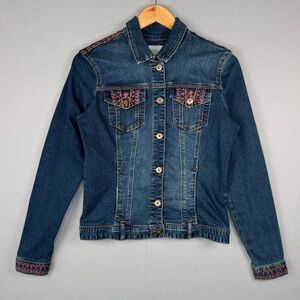 VTG TATIENNE Embroidered‎ Rhinestone Jean Jacket S Medium Wash Trucker Stretch